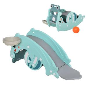 HOMCOM 3-in-1 Baby Rocking Horse Portable Slide Basketball Hoop Equipment Indoor Outdoor Playground Toy, Age 3-5, Green