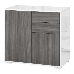 HOMCOM High Gloss Sideboard Push-Open Design with 2 Drawer for Living Room, Bedroom, Light Grey and White