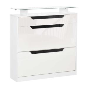 HOMCOM Shoe Cabinet with 3 Drawers Storage Cupboard Tipping Bucket with Flip Door Glass Top Adjustable Shelf Large-Capacity for 14 Pairs Gloss White
