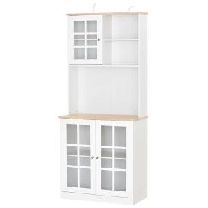 HOMCOM Kitchen Cupboard ideboard Storage Cabinet Unit w/ Counter top Grid Glass Doors Shelves 80L x 37W x 183H cm - White