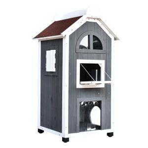 PawHut Solid Wood Cat Condos Natural Water Proof Outdoor 2-Floor Pet Shelter