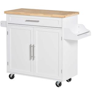HOMCOM Kitchen Island Rolling Cart Storage Trolley with Rubberwood Top, Drawer, Spice Rack, Towel Rack, White