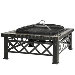 Outsunny 3 in 1 Square Fire Pit Metal Brazier Ice Bucket for Garden, Patio with BBQ Grill Shelf, Spark Screen Cover, Grate, Poker, 76 x 76 x 47cm