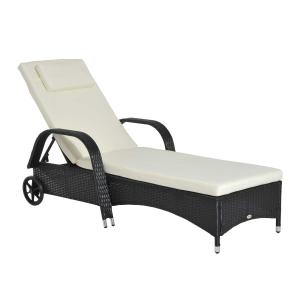 Outsunny Garden Rattan Furniture Single Sun Lounger Recliner Bed Reclining Chair Patio Outdoor Wicker Weave Adjustable Headrest with Fire Retardant Cushion - Black