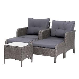 Outsunny 5 Piece Rattan Wicker Outdoor Patio Conversation Set with 2 Cushioned Chairs 2 Cushioned Ottomans and Glass End Desk
